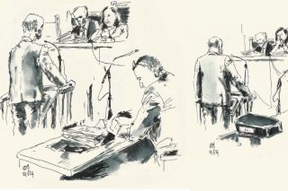 Σκίτσα του Παναγιώτη Μητσομπόνου από τη δίκη, με τους δύο κατηγορούμενους